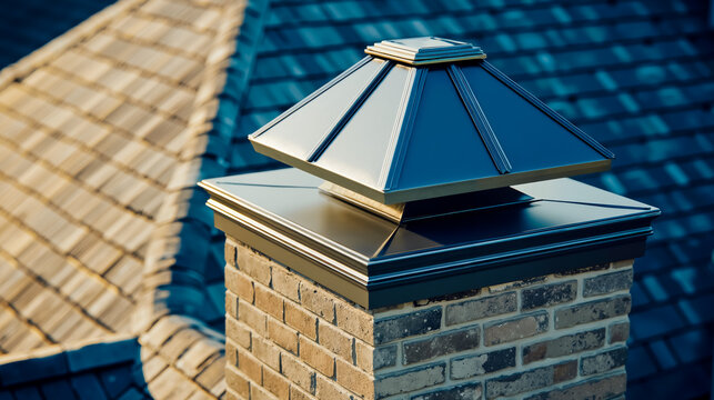 A close-up of a chimney with a decorative top set against a background of a roof with shingles