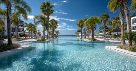 Tranquil Caribbean Resort Pool with Palm Trees Under Clear Blue Sky