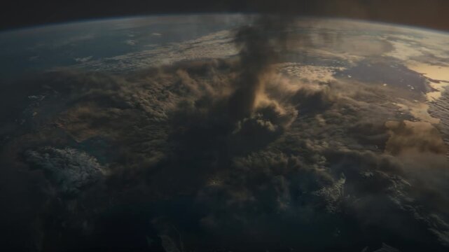 Dramatic volcanic smoke cloud. Satellite captures intense scene of volcanic smoke rising high. Cinematic vantage reveals expanding ash funnel and ominous sky shadowing