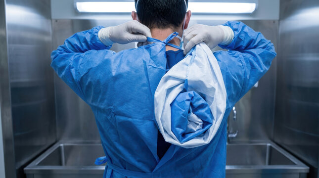 Surgeon gown untied blue protective gown being adjusted in clinical prep area with gloves
