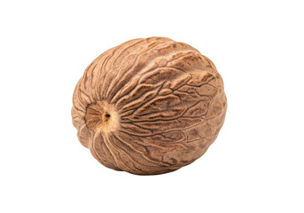 Fototapeta premium A whole nutmeg seed with a brown, wrinkled surface against a white background. isolated on transparent background