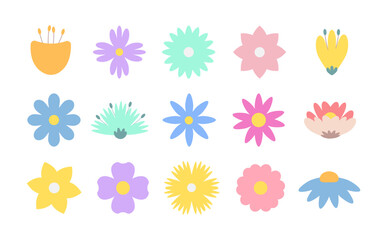 Obraz premium Abstract Flowers Set Flat Naive Simple Style. Vector Origami Trendy Flowers Icons. Floral Minimal Geometric Botanical summer Elements Design set, natural bloom petal. Spring Garden Stickers.