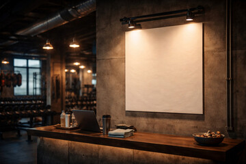 A blank white sign illuminated by spotlights on a concrete wall above a wooden counter in a modern industrial gym reception area.