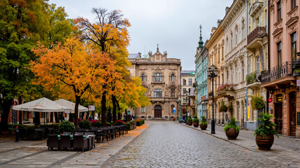 Naklejka premium A cobblestone street lined with trees and buildings with a view of a city square