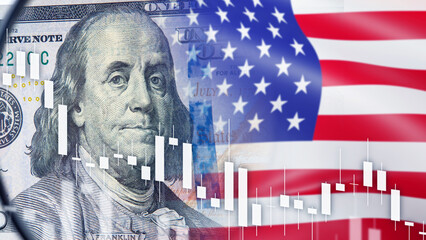 Financial markets, US economy. Dollar banknote with American flag and candlestick chart reflects...