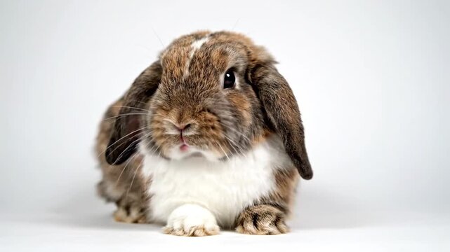 Cute lop-eared rabbit looking at camera on white background