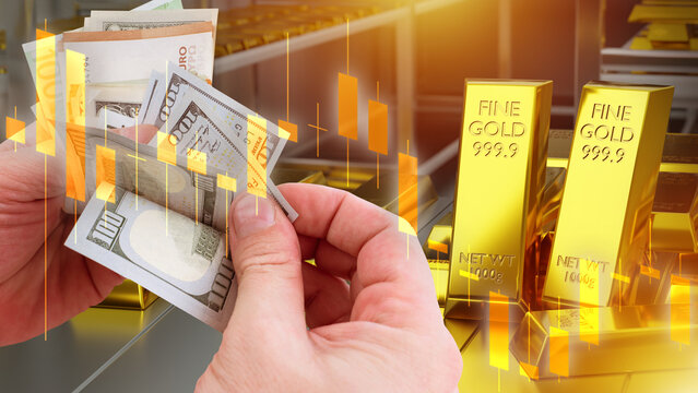 Precious metals investment, wealth protection. Hands count dollar banknotes near gold bars, illustrating asset diversification, inflation hedge, commodity trading and safe haven finance.