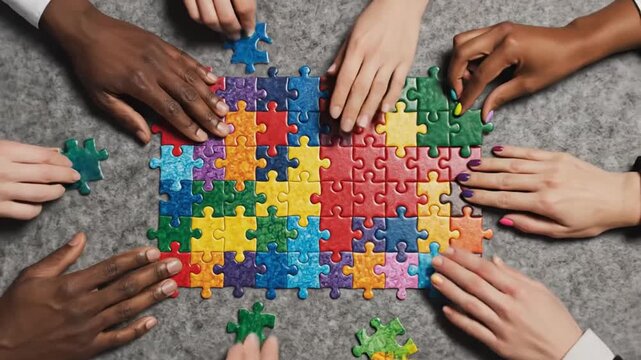 teamwork hands connecting puzzle pieces, collaboration and unity concept
