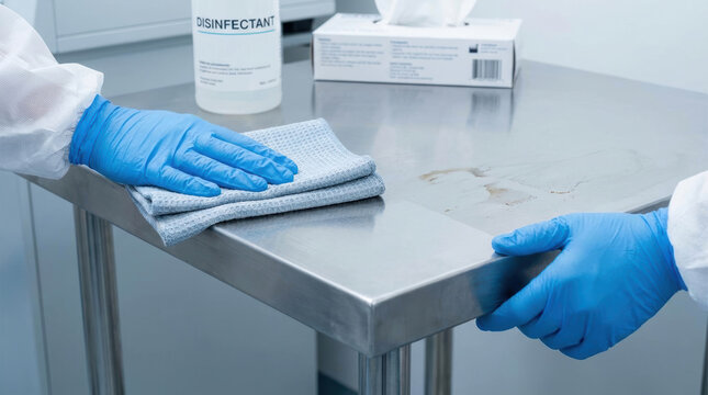 Gloved hand stainless steel table disinfectant wipe cleaning cloth disinfecting medical cleaning gloved worker sterile environment