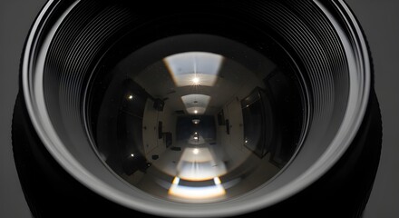 Close-up of a camera lens reflecting a hallway with windows showing daylight, an optical device for capturing images