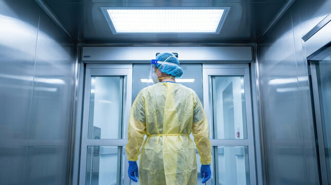 Medical worker protective gown and gloves walking toward hospital elevator doors with clinical lighting and reflective walls conveying
