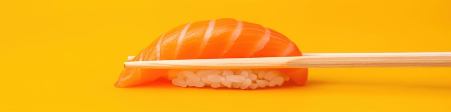 Close up delicious and bright Salmon suchi, wide panoramic banner with copy space.