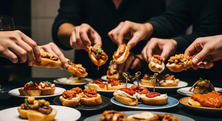 People Sampling Assorted Gourmet Bites on Bread