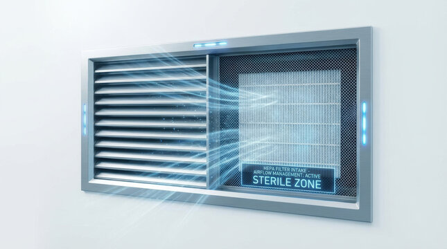 Sterile zone air filtration unit with visible HEPA filter and cool blue airflow lights creating clean clinical atmosphere