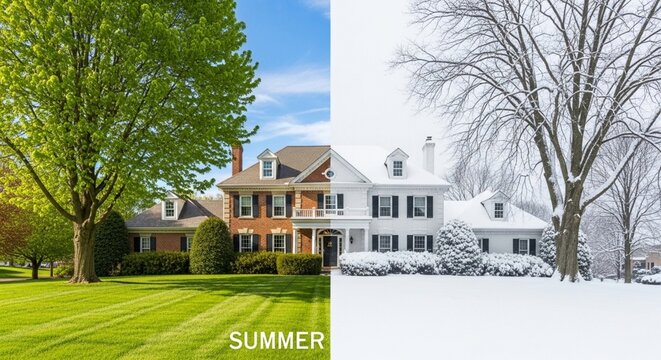 Dramatic seasonal transformation of a beautiful suburban house, contrasting the vibrant green of summer's landscape with the serene, snow-covered tranquility of winter