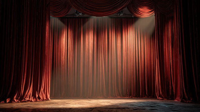 Dark red theater curtains illuminated by overhead spotlights on an empty stage conveying dramatic anticipation.