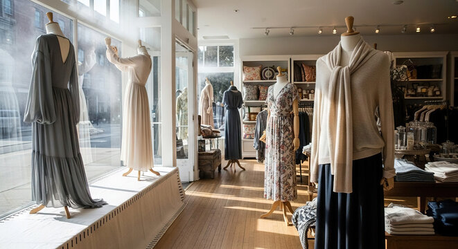 Woman adjusting dress on mannequin in a modern boutique