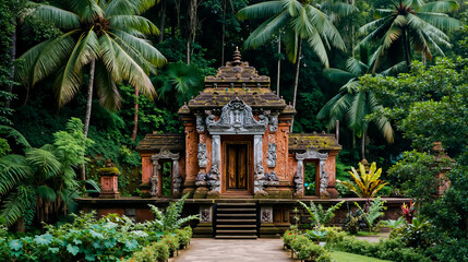 Obraz premium A small temple with intricate carvings and a pointed roof surrounded by lush greenery and tropical plants