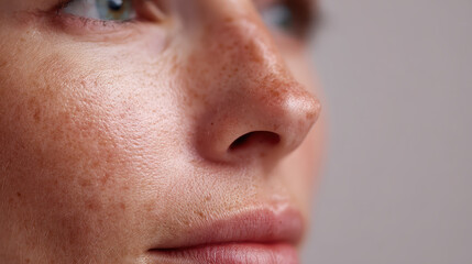 Close up of freckled skin on face showing natural texture and soft lips
