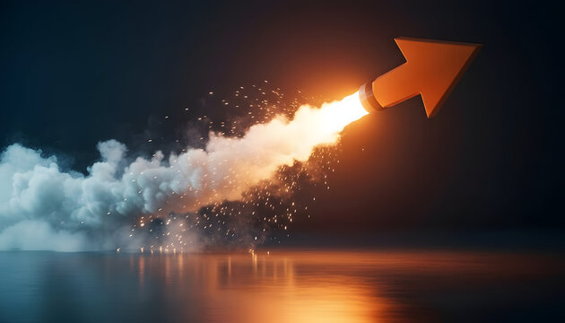 Glowing orange arrow transforming into rocket with smoke trail symbolizing aggressive business momentum and speed