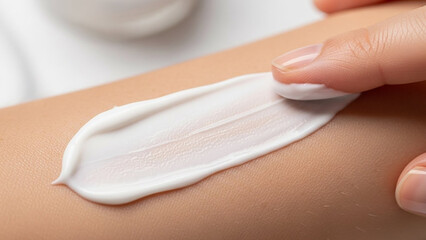 Application of smooth moisturizing cream on skin: close-up of a woman's hand applying thick, white lotion for skincare and hydration