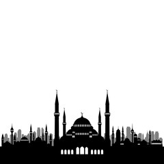 Fototapeta premium Silhouette of a mosque with minarets against a white background.