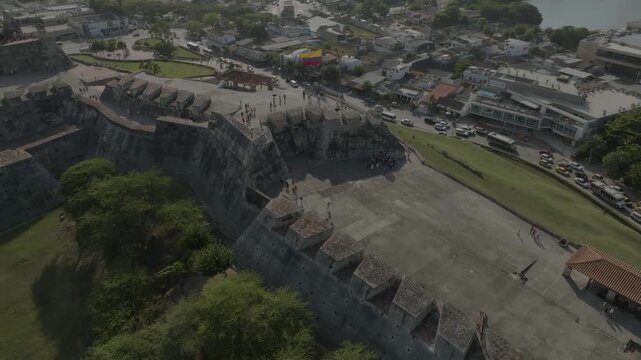 drone flying from west side of castillo de san felipe over plag n amin entrance all the way to the caribean sea amazing take