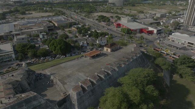 drone flying around the west side of the castillo de san felipe in cartagena colombia during the day