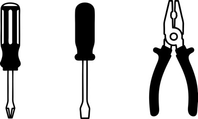 Hardware tool set icons with screwdriver and combination pliers