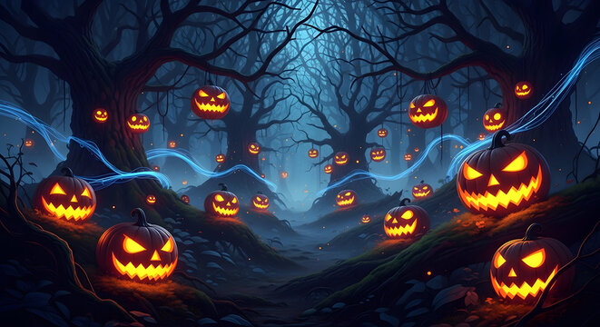 Spooky halloween night with glowing jack o lanterns in dark forest