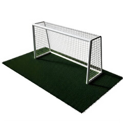 Professional soccer goal net standing on artificial turf isolated on transparent background