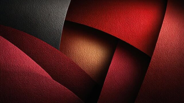 Textured abstract composition with overlapping, curved panels of varied hues, ranging from deep red to black