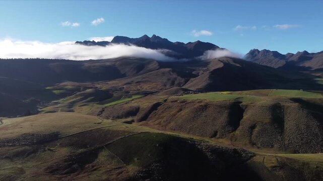 Aerial shot taken with a drone of a series of green and colorful mountains located in the P&aacute;ramo de La Culata, in the state of M&eacute;rida, Venezuela