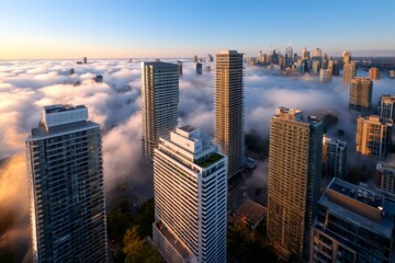Fototapeta premium Emerging Cityscape From Morning Fog With Upper Floors of Skyscrapers