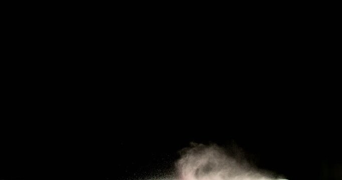 Super slow motion dust particle explosion captured at 500 fps with a high-speed camera. Expanding cloud of fine powder and debris, isolated on black background. Ideal as realistic VFX overlay.