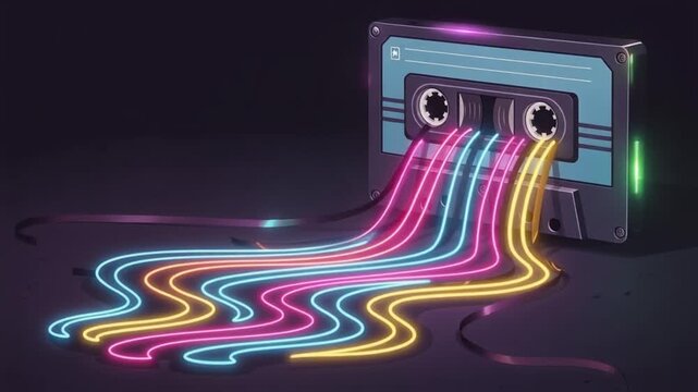 Glowing Neon Retro Cassette Tape with Colorful Light Streams.