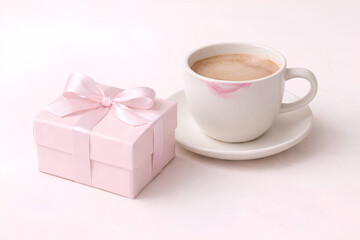 Pink Gift Box with Satin Ribbon and Coffee Cup with Lipstick Mark, Copy Space