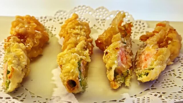 Close up footage of an ebi tempura sushi roll with crispy fried shrimp and rice. The deep fried roll highlights golden texture and classic Japanese seafood preparation.