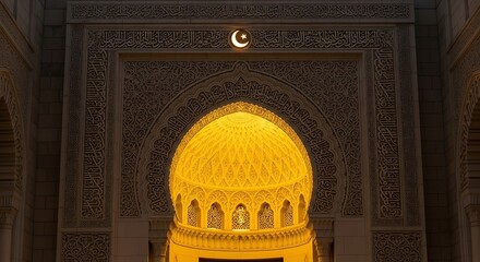 Intricate mosque architecture illuminated at night with crescent moon