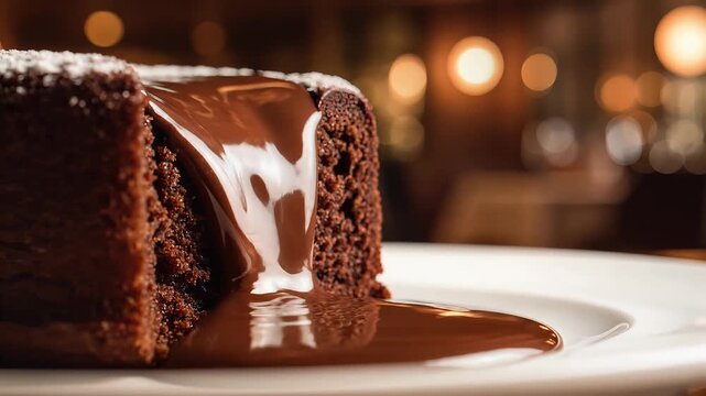 A rich, melted chocolate cake with cocoa sauce starting to drip, served on a fine dining plate in a luxurious restaurant setting