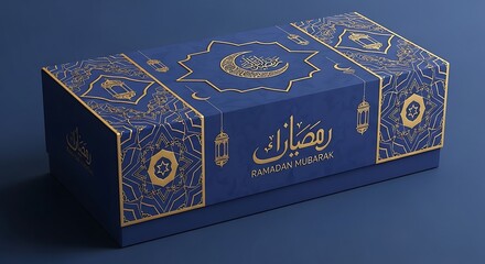 Fototapeta premium Elegant blue gift box with gold decorations and text design
