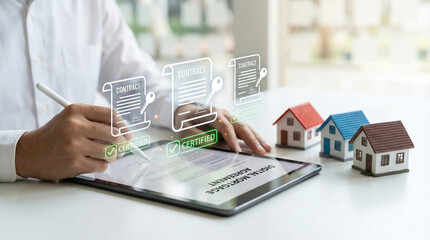 Digital smart contract and electronic signature on tablet for real estate transaction.