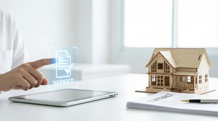 Businessman signing legal document and verified contract on futuristic interface.