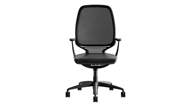 Modern office chair in black leather. Isolated front view on transparent PNG background.
