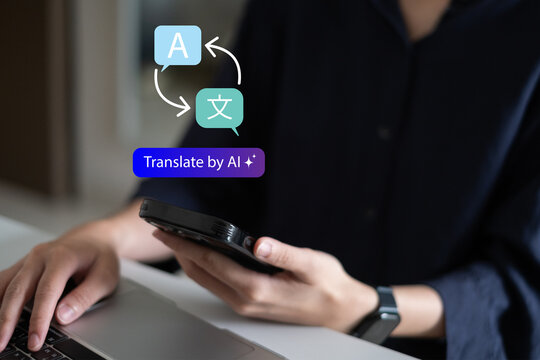 Person using smartphone AI artificial intelligence translate chat communication message multilingual language global international online digital application software innovation technology concept