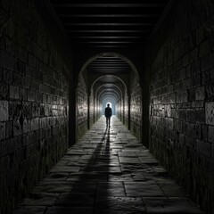 Obraz premium Silhouette of person walking down dark stone hallway with arches