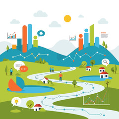 Infographic elements on green landscape.