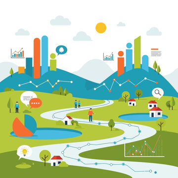 Infographic elements on green landscape.