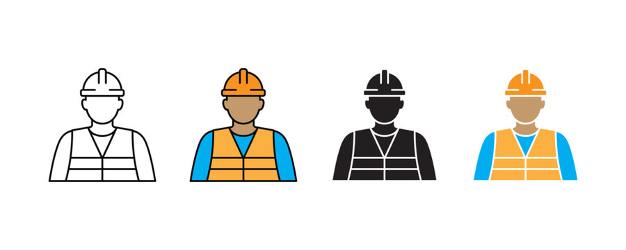Construction worker and engineer avatar icon vector. Professional builder with safety helmet and vest for industrial labor symbol set. Vector illustration.
