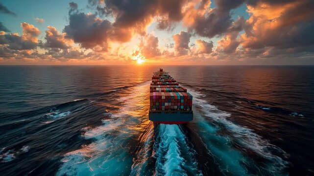 Aerial front view captures massive cargo container ship navigating deep blue ocean at sunset with stacked colorful containers and golden sun.